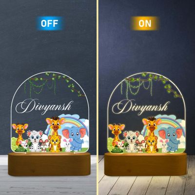 Personalized Cute Animal Theme LED Night Lamp with Warm White Light & Wooden Stand Jungle Safari Animals Light Kids Room Bedside Lamp Gift for Kids Boy & Girls Birthday Return Gift